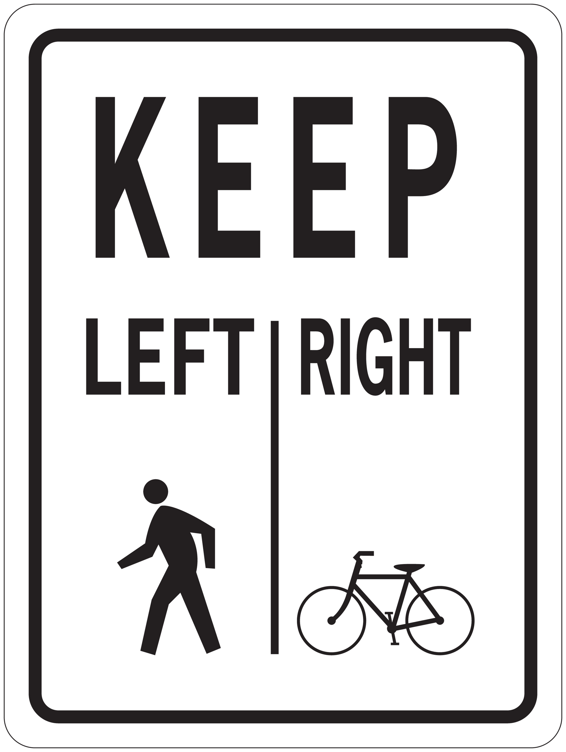 Road sign sticker with KEEP LEFT/RIGHT text and pedestrian and bicycle icons