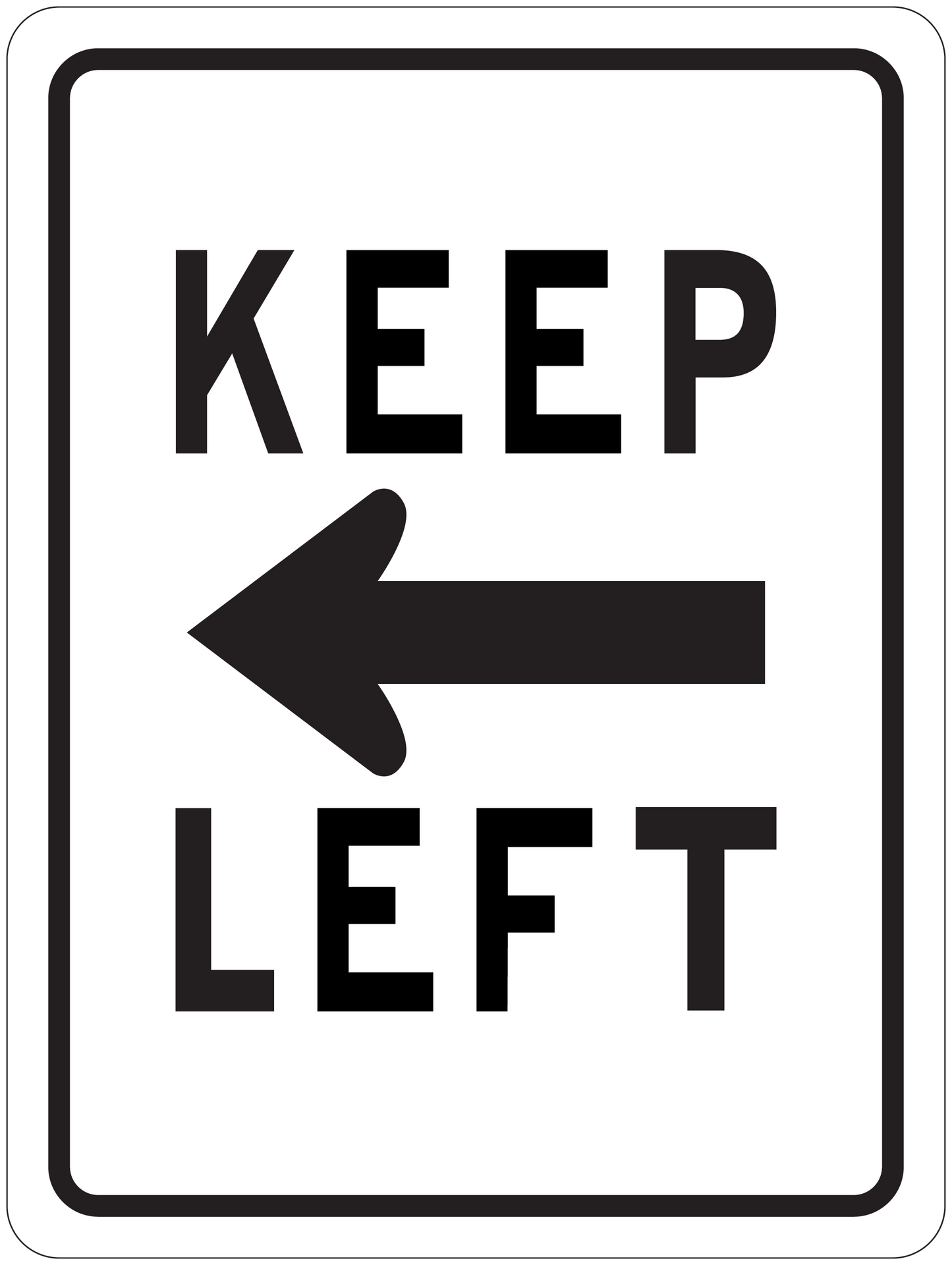 Road sign sticker with KEEP LEFT text and left arrow, black on white