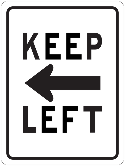 Road sign sticker with KEEP LEFT text and left arrow, black on white