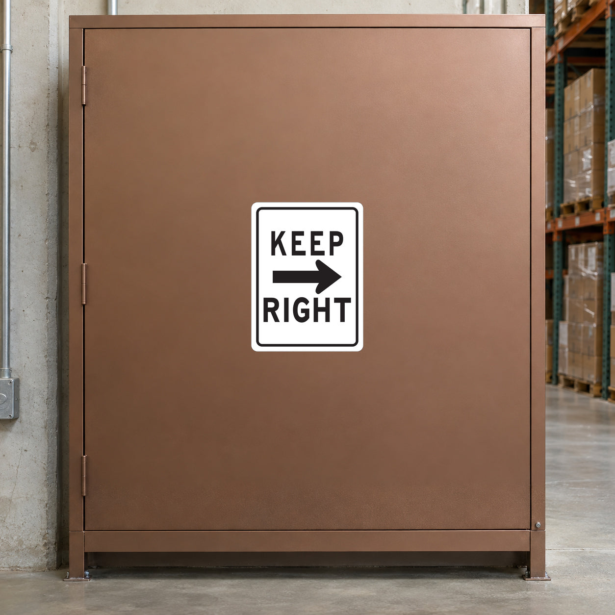 Road Sign Sticker applied in A distribution warehouse service entry, single muted copper steel cupboard panel, cartons far right