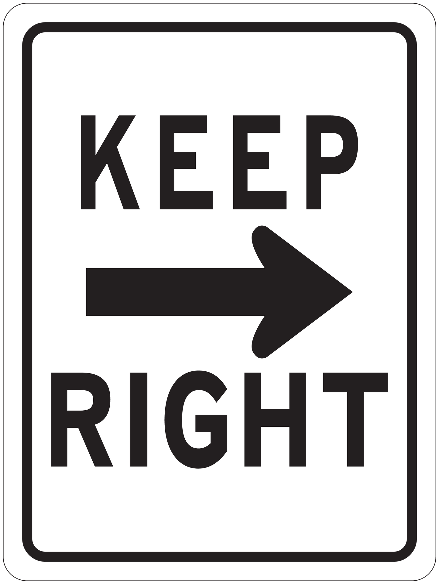 Road sign sticker with KEEP RIGHT text and right-pointing arrow, black on white