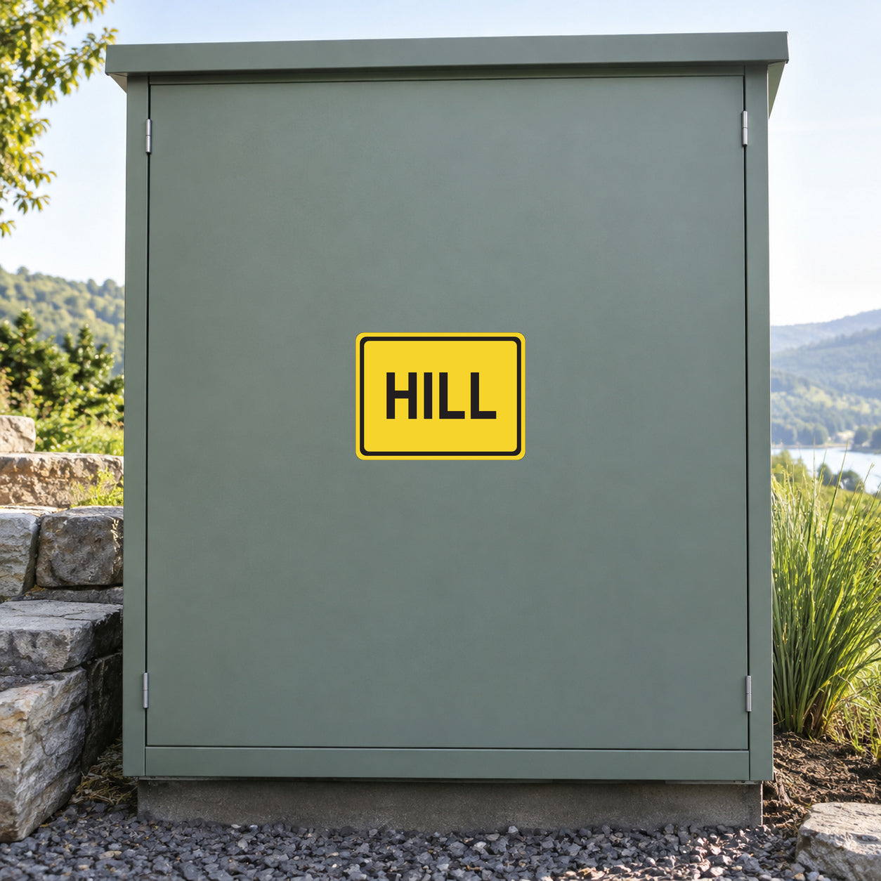 Rectangular road sign sticker with yellow border and "HILL" text