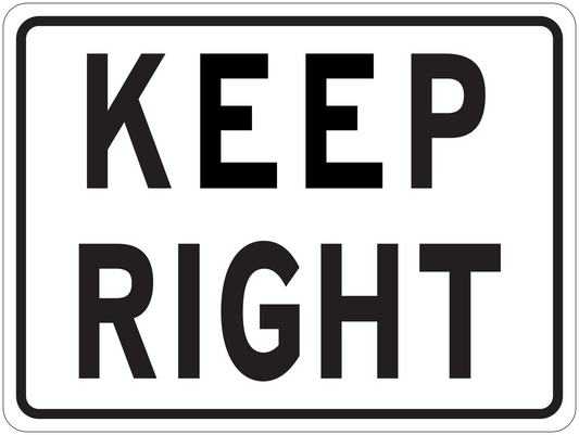 Road sign sticker with "KEEP RIGHT" text in black on a white rounded-rectangle frame