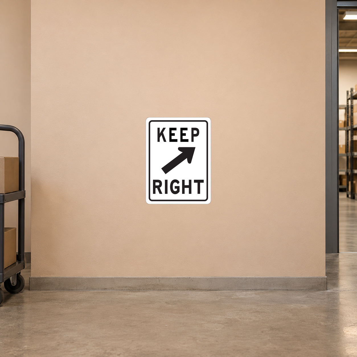 Road sign sticker, white square with black “KEEP RIGHT” and arrow