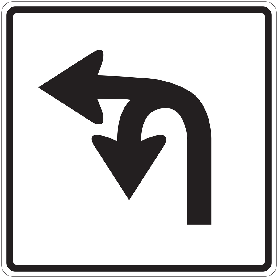 Road sign style arrow sticker with black left, curved right, and downward arrows