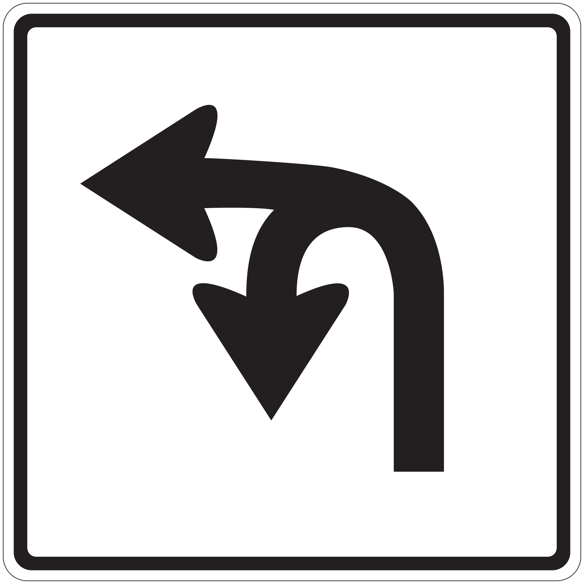 Road sign style arrow sticker with black left, curved right, and downward arrows