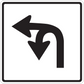 Road sign style arrow sticker with black left, curved right, and downward arrows
