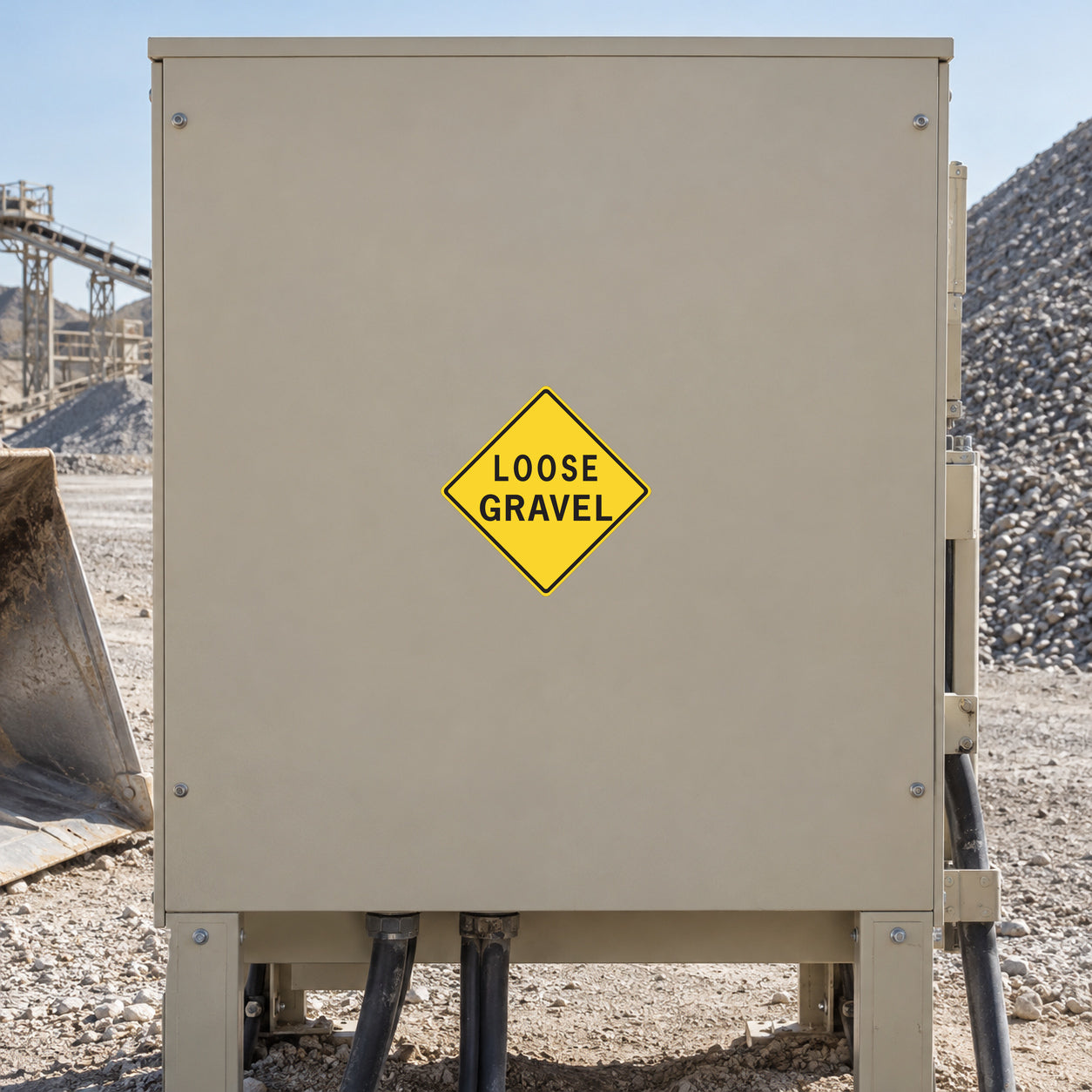 Road Sign Sticker applied in A gravel quarry equipment store, smooth sand colored steel enclosure panel, gravel pile extreme right and shovel extreme left