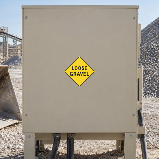 Yellow diamond road sign sticker reading 'LOOSE GRAVEL' on gray backing