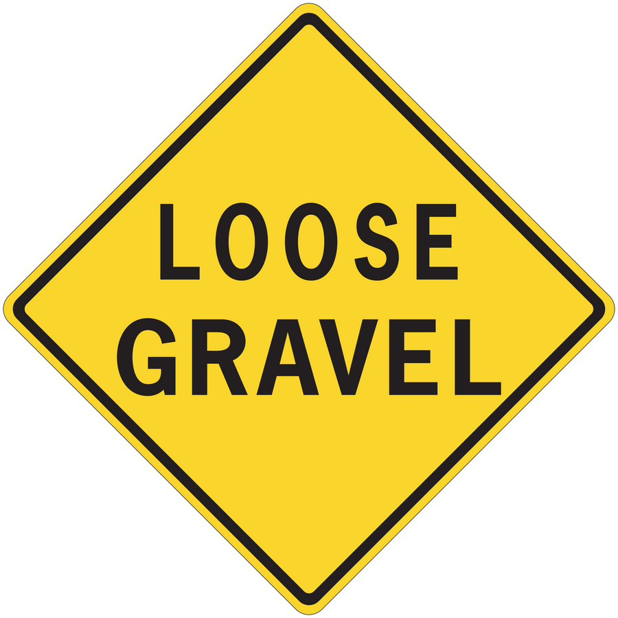 Road sign sticker with yellow diamond and LOSE GRAVEL text