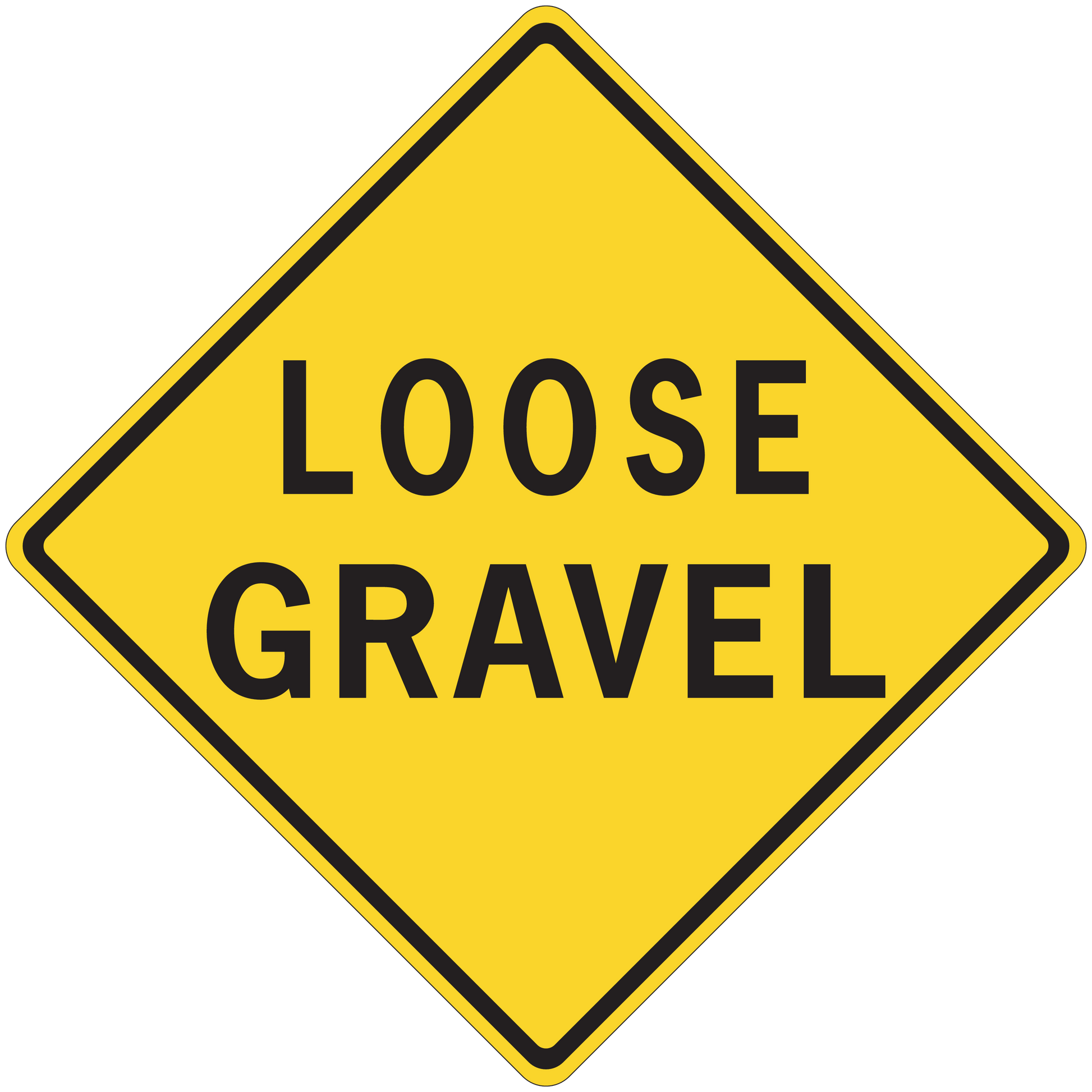 Road sign sticker with yellow diamond and LOSE GRAVEL text