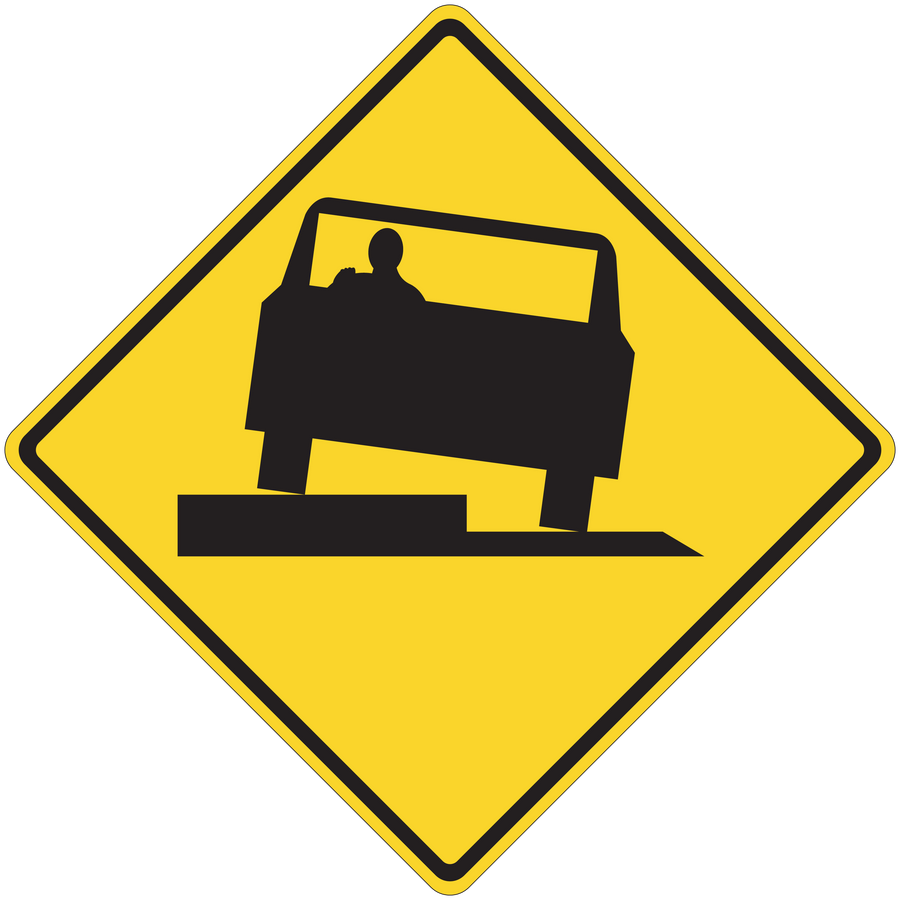 Road sign sticker: yellow diamond warning with black worker road machine icon