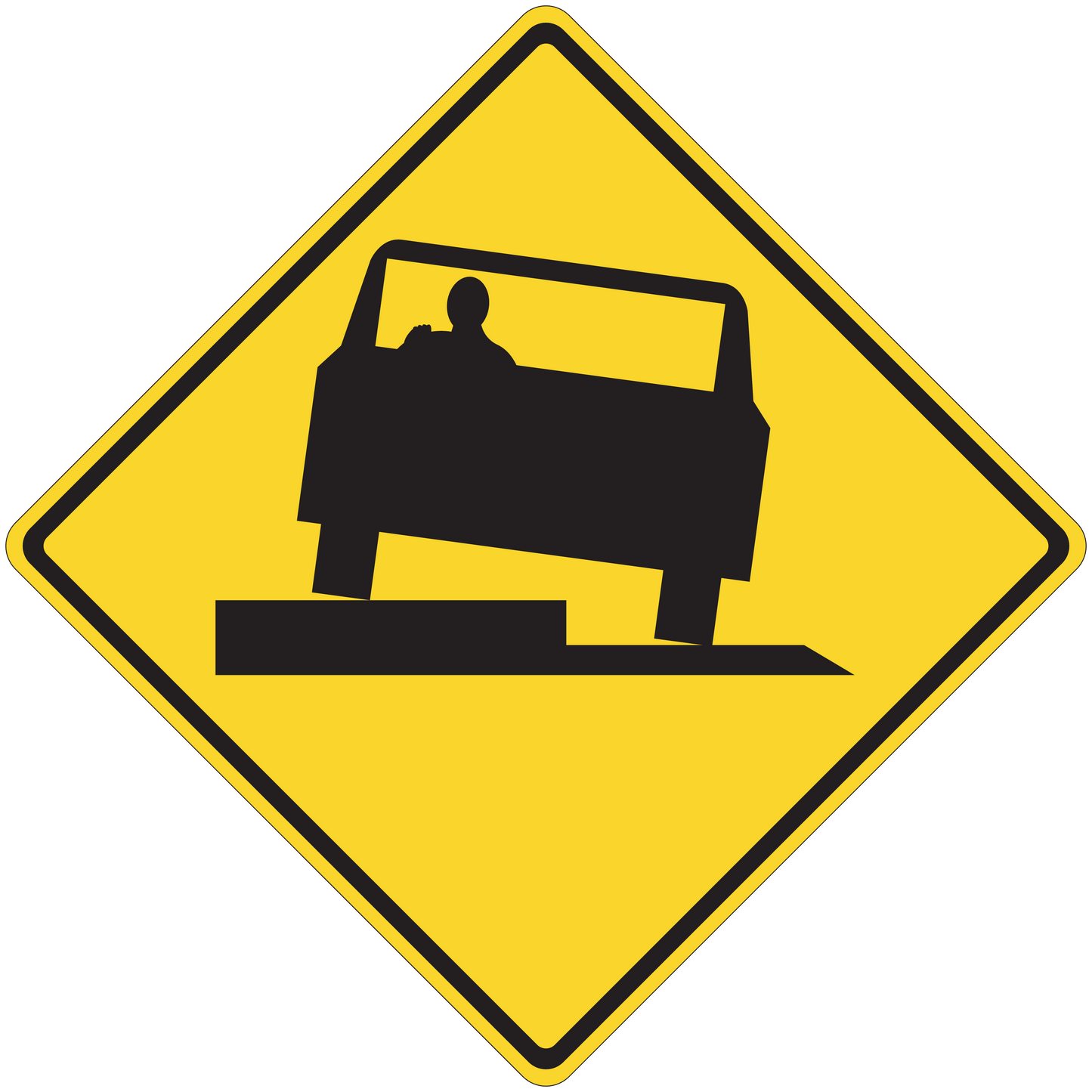 Road sign sticker: yellow diamond warning with black worker road machine icon