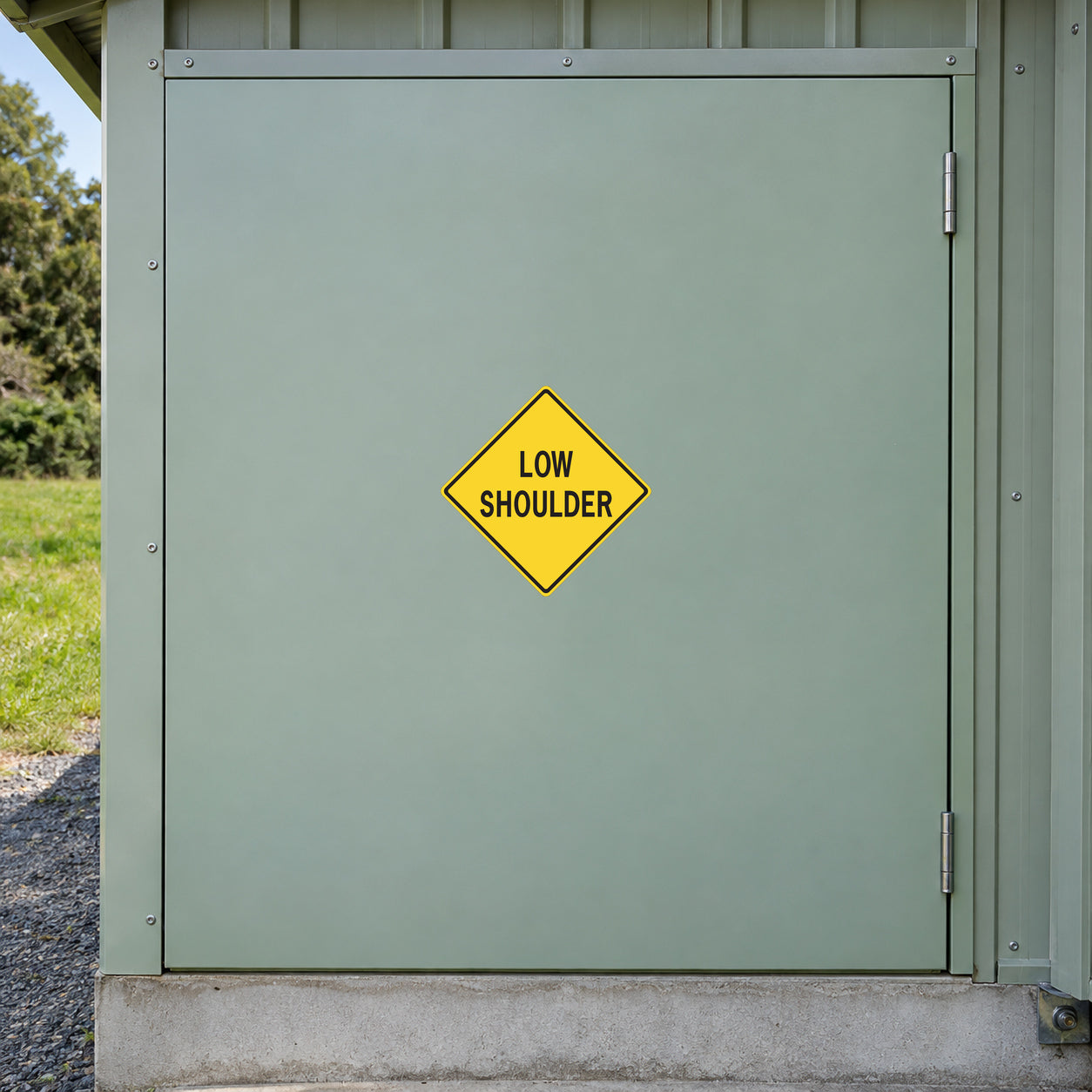 Yellow diamond road sign sticker: LOW SHOULDER