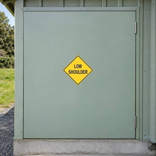 Yellow diamond road sign sticker: LOW SHOULDER