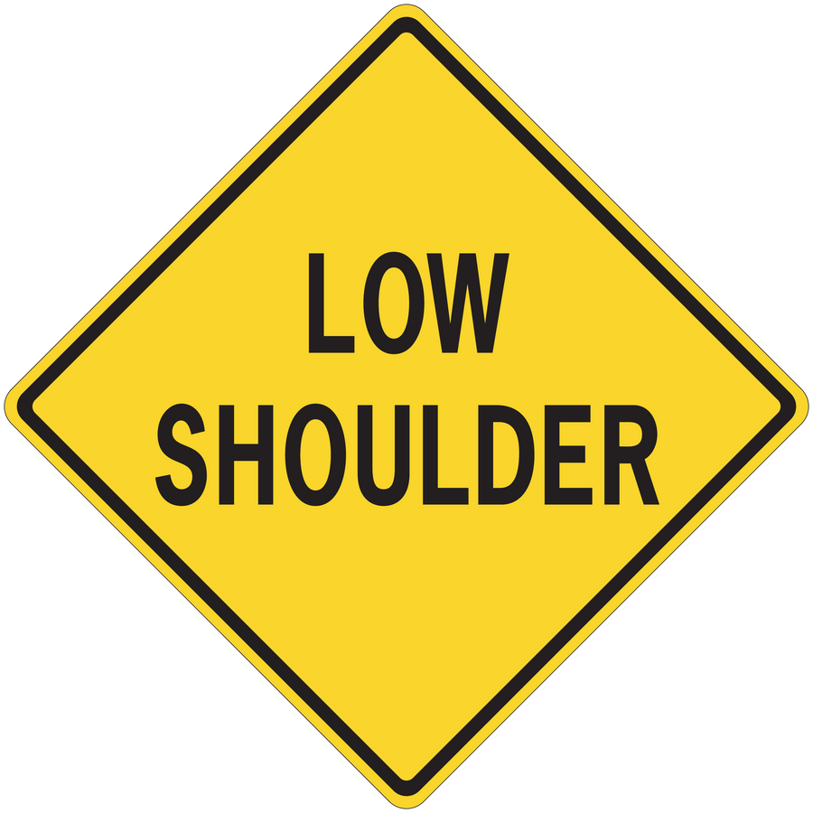 Yellow diamond road sign sticker with black border and text 'LOW SHOULDER'