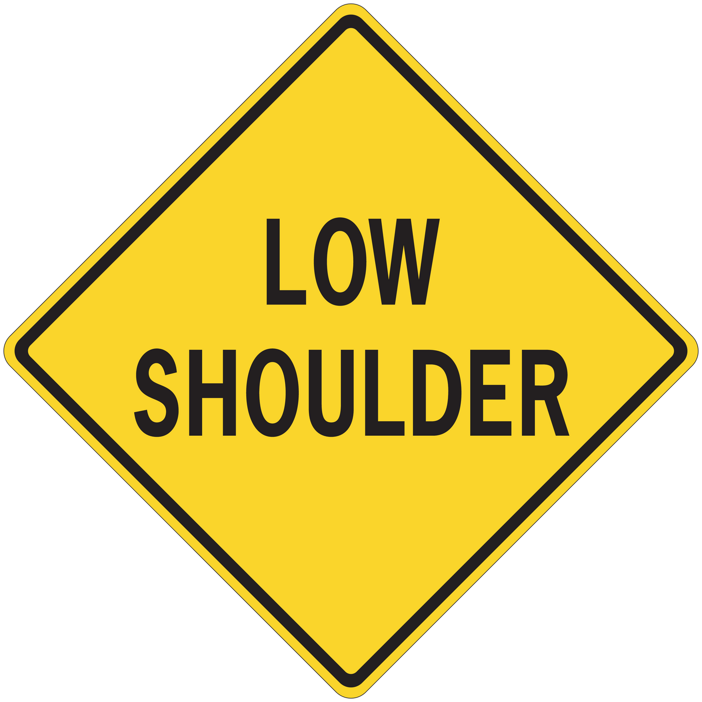Yellow diamond road sign sticker with black border and text 'LOW SHOULDER'