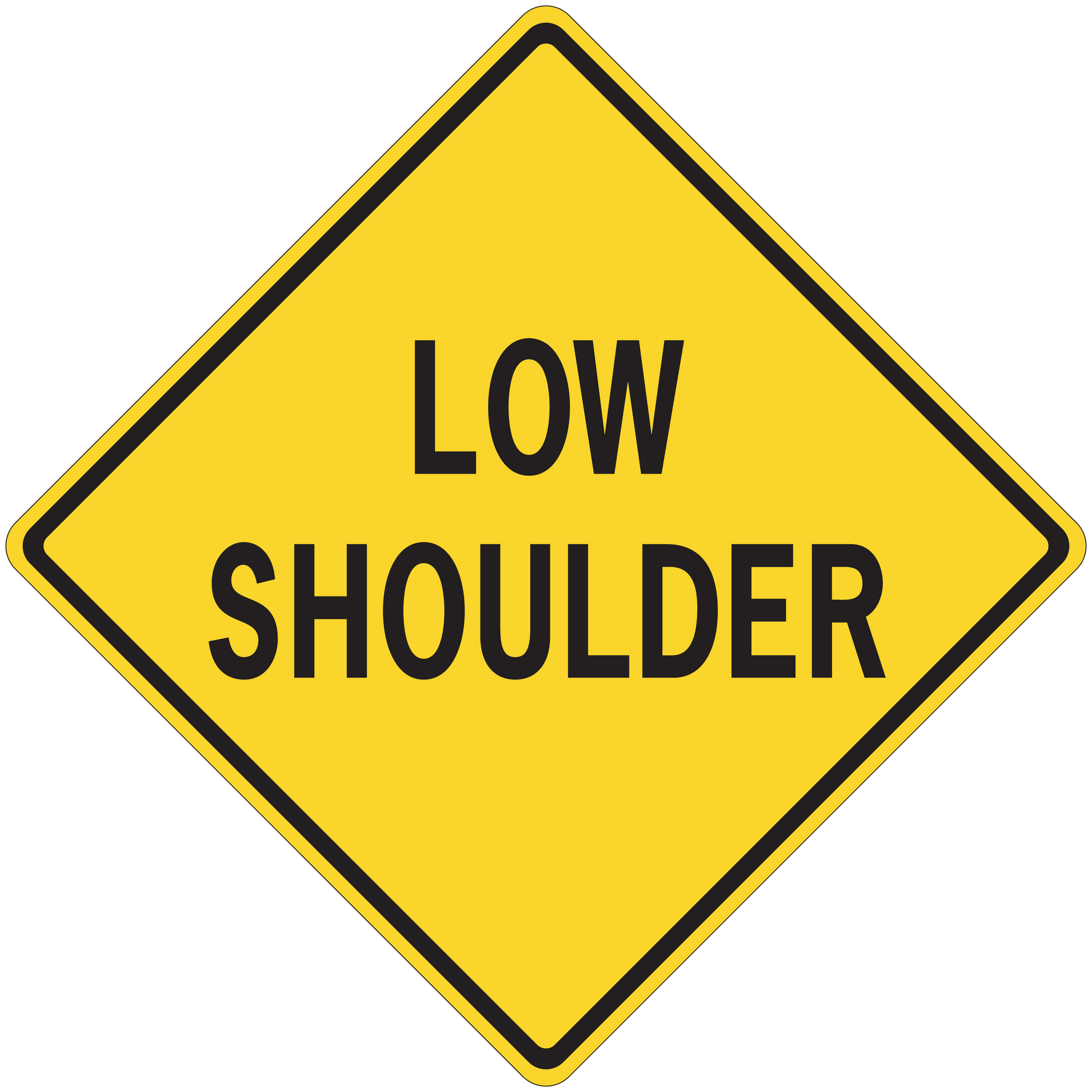 Yellow diamond road sign sticker with black border and text 'LOW SHOULDER'
