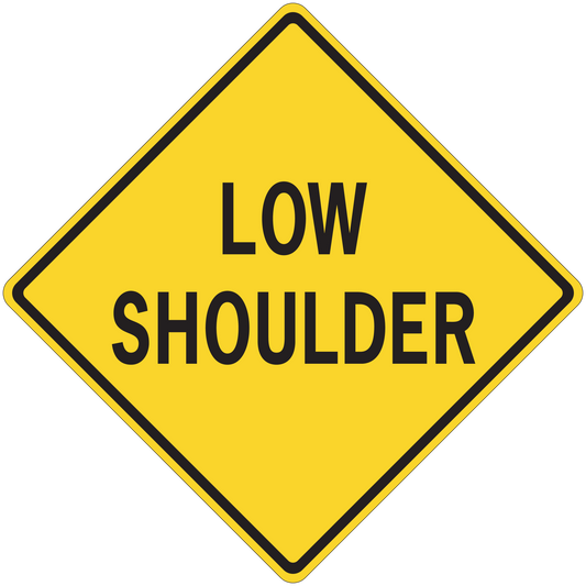 Yellow diamond road sign sticker with black border and text 'LOW SHOULDER'