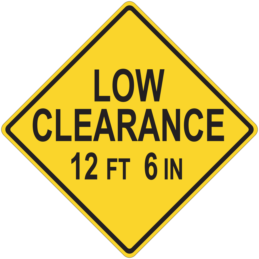 Yellow diamond road sign sticker: LOW CLEARANCE, 12 FT 6 IN.