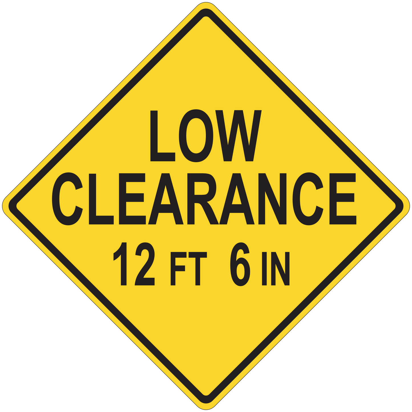 Yellow diamond road sign sticker: LOW CLEARANCE, 12 FT 6 IN.