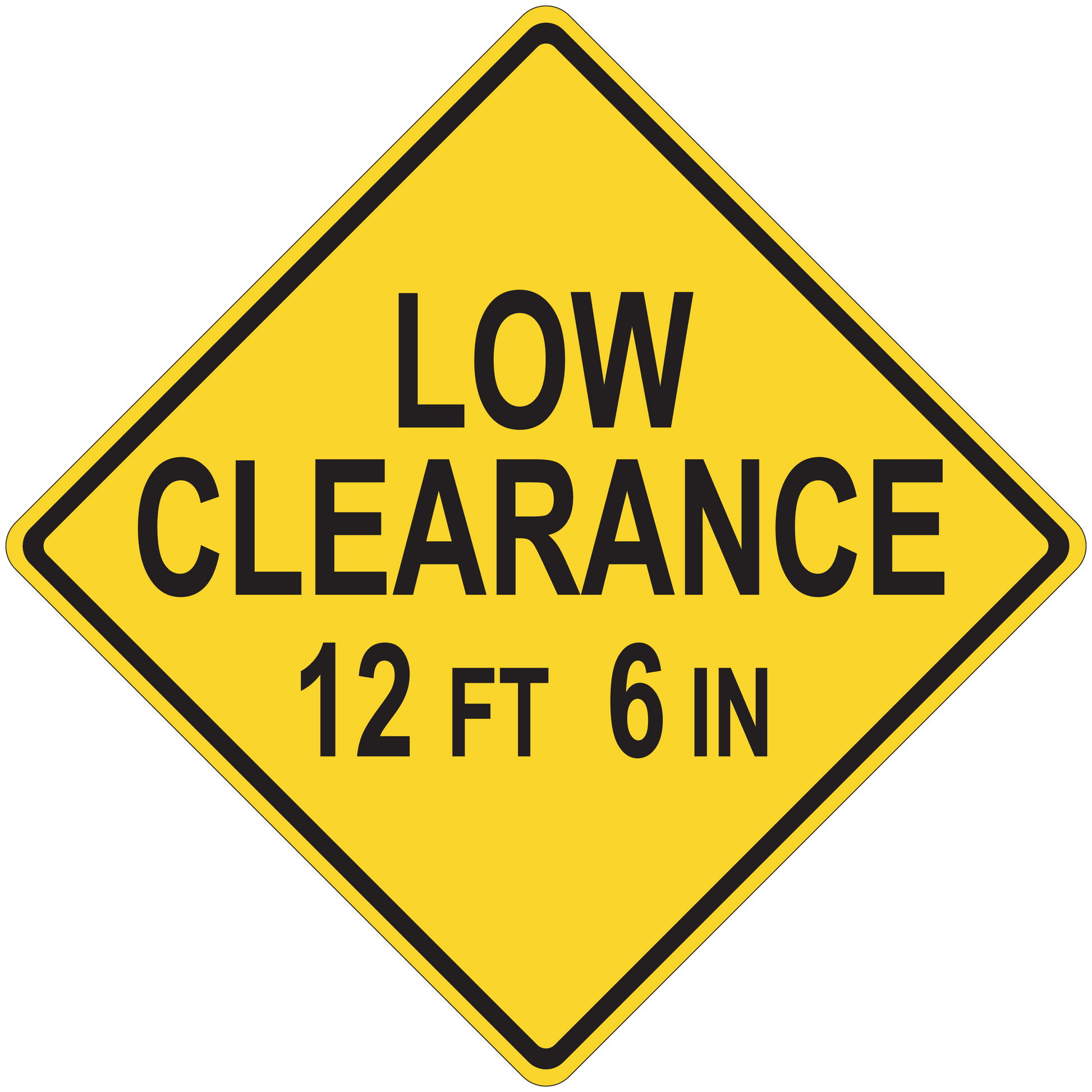 Yellow diamond road sign sticker: LOW CLEARANCE, 12 FT 6 IN.