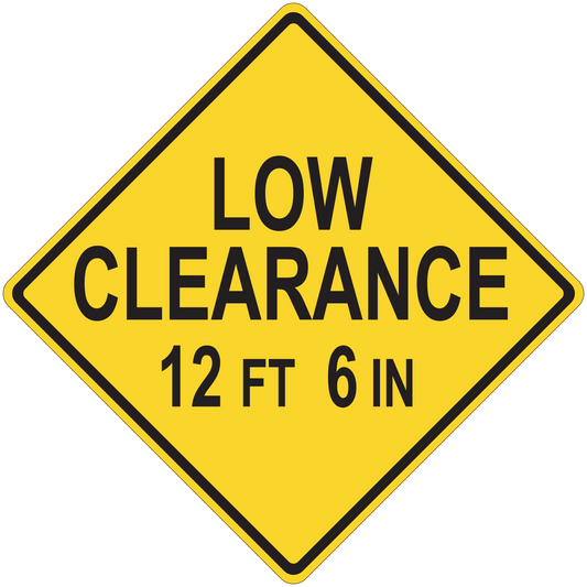 Yellow diamond road sign sticker: LOW CLEARANCE, 12 FT 6 IN.