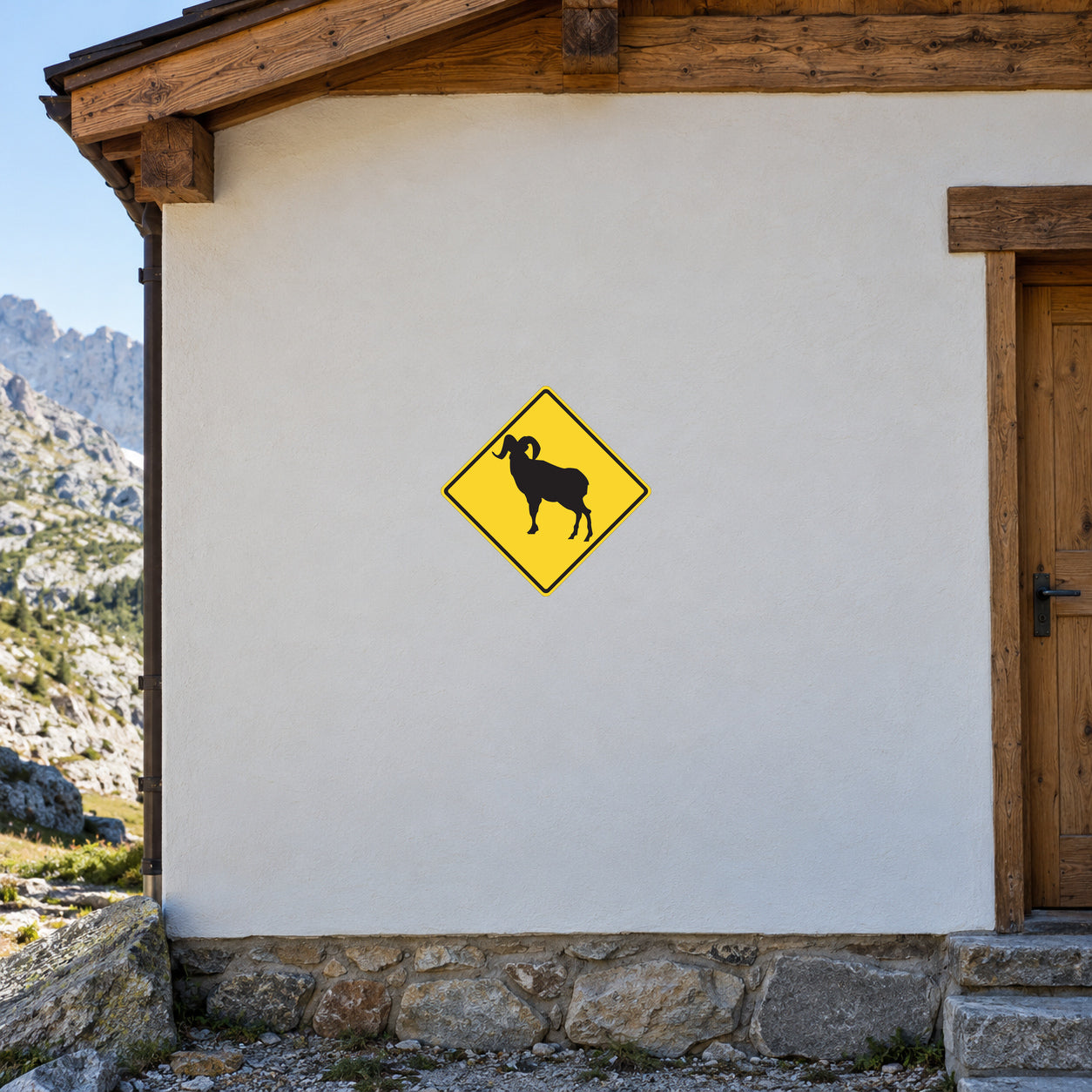Road Sign Sticker applied in A mountain wildlife ranger hut, uninterrupted warm white plaster wall, rocky landscape sliver extreme left