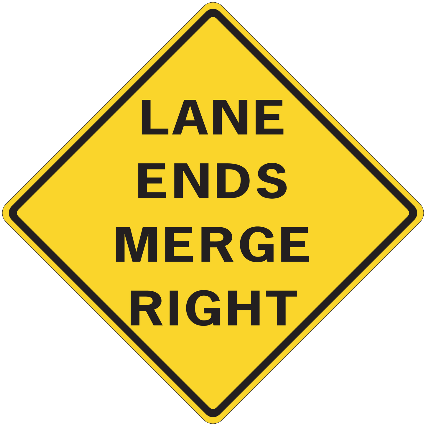 Road sign sticker: yellow diamond with black border and text 'LANE ENDS MERGE RIGHT'.