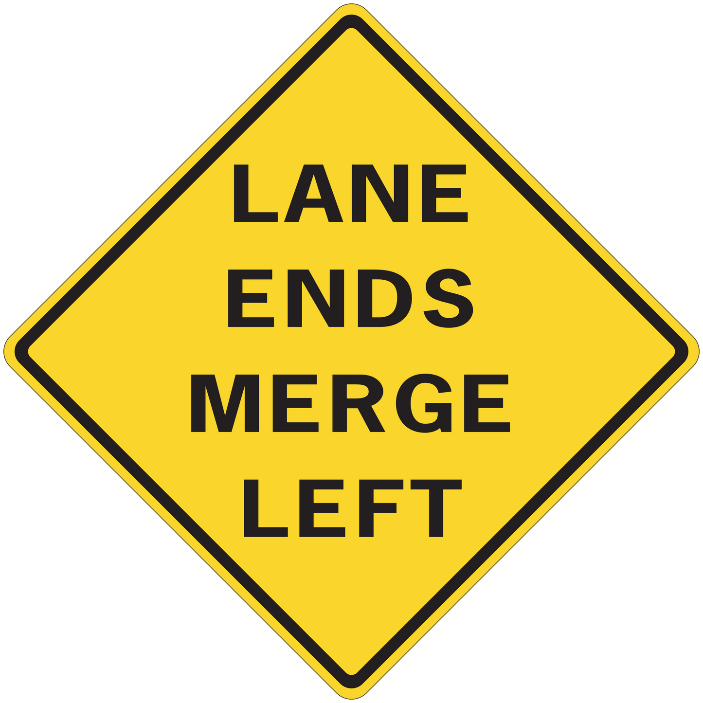 Road sign sticker with yellow diamond and black text: Lane Ends Merge Left