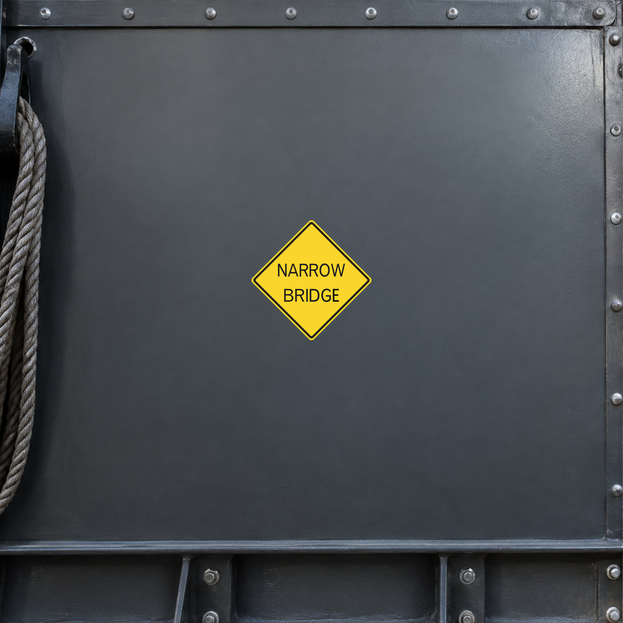 Road sign sticker with yellow diamond 'NARROW BRIDGE' text