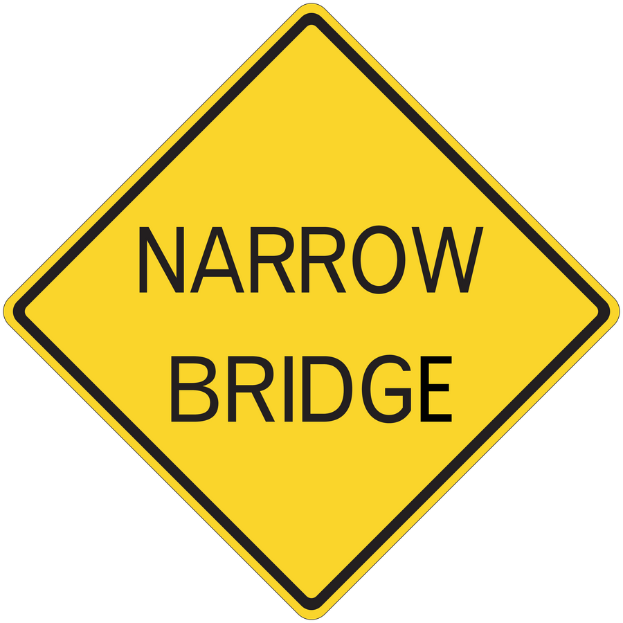 Narrow bridge road sign sticker: yellow diamond with black border, text “NARROW BRIDGE”