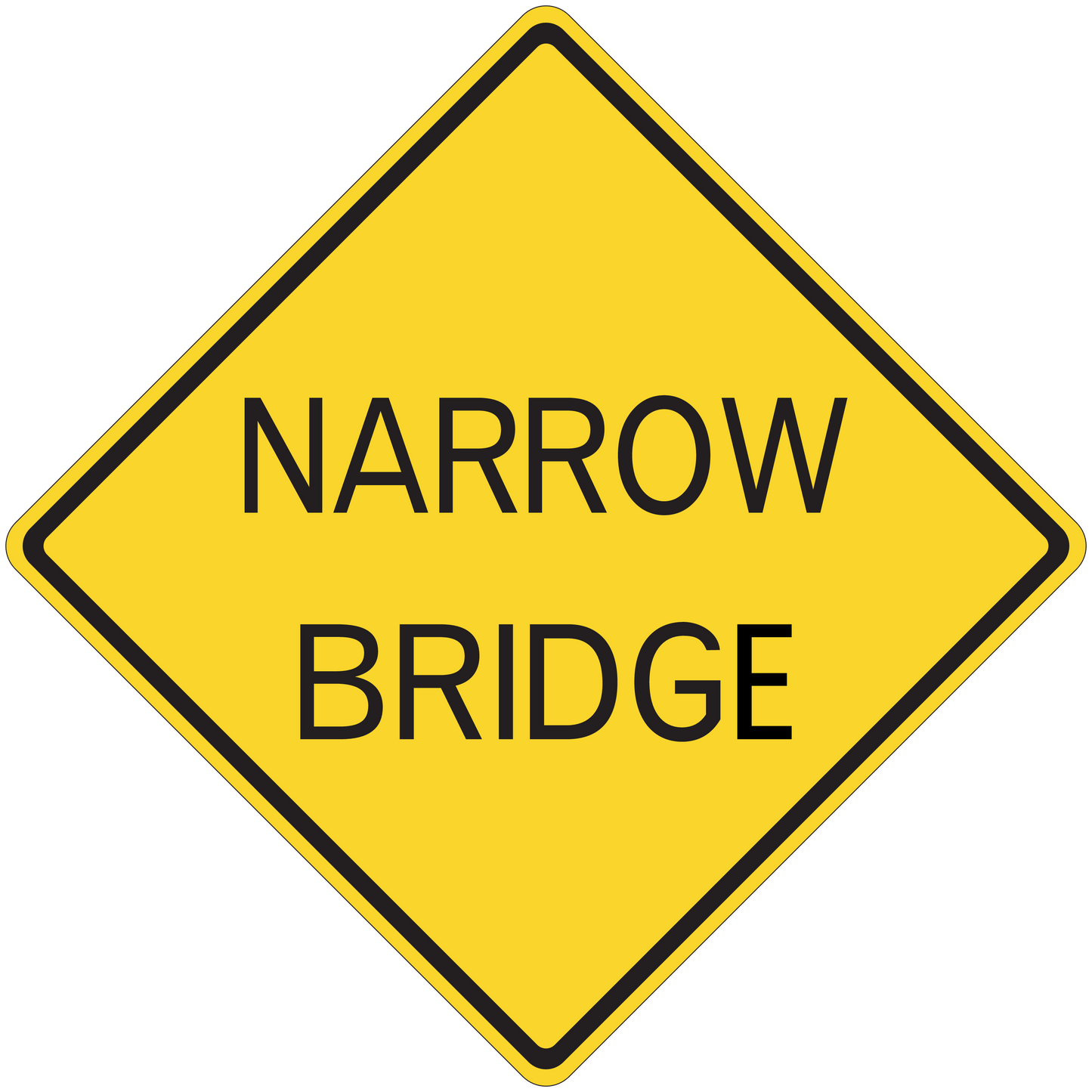 Narrow bridge road sign sticker: yellow diamond with black border, text “NARROW BRIDGE”