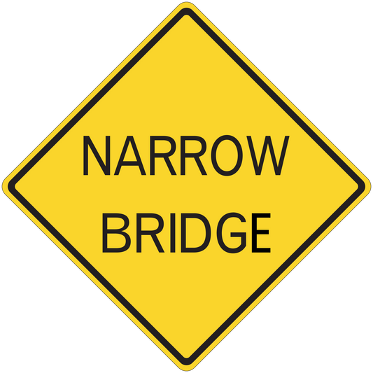 Narrow bridge road sign sticker: yellow diamond with black border, text “NARROW BRIDGE”