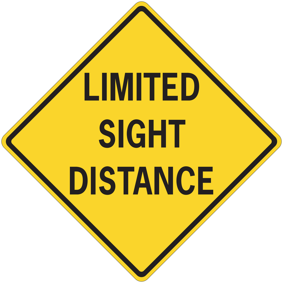 Road sign sticker: yellow diamond with black border, text “LIMITED SIGHT DISTANCE”