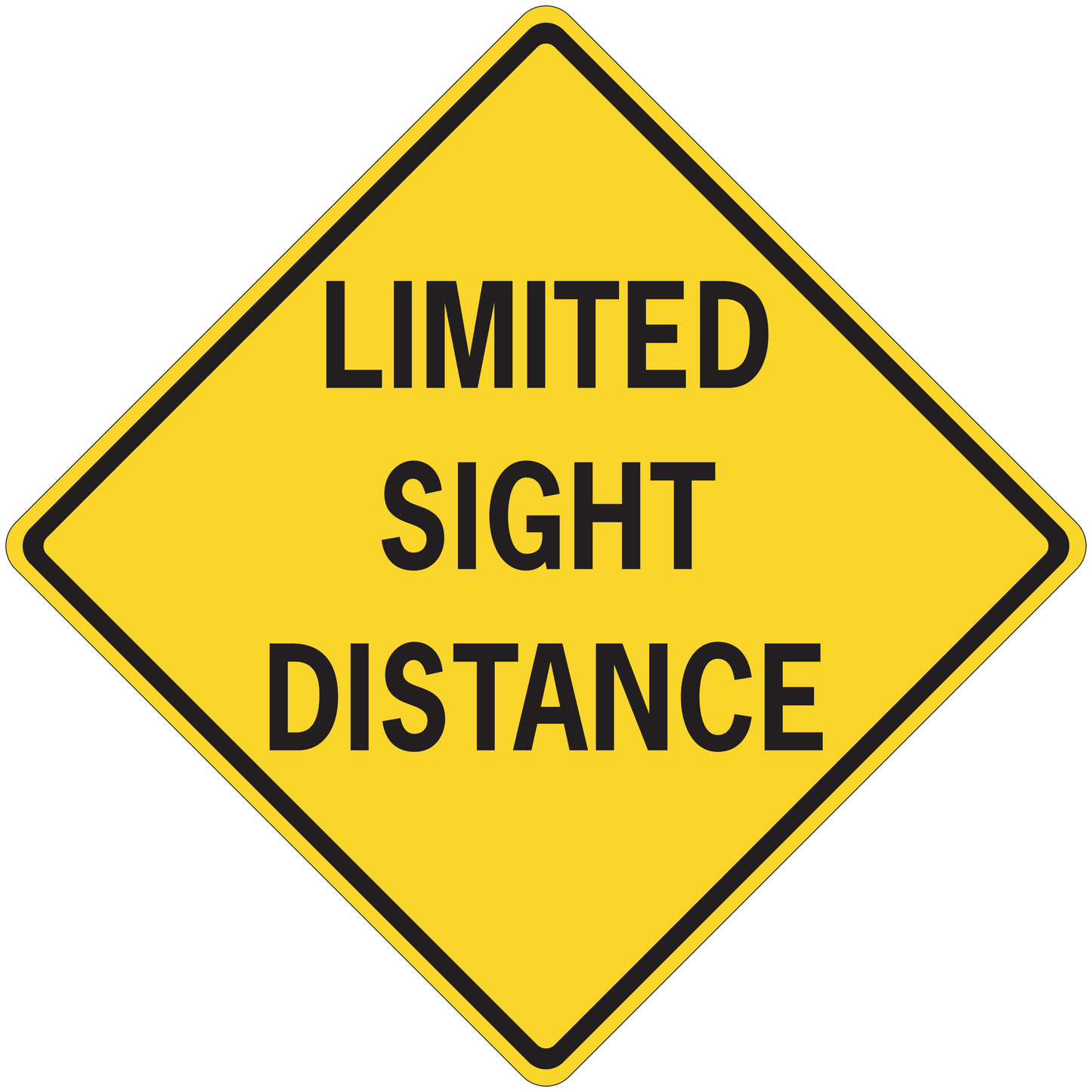 Road sign sticker: yellow diamond with black border, text “LIMITED SIGHT DISTANCE”