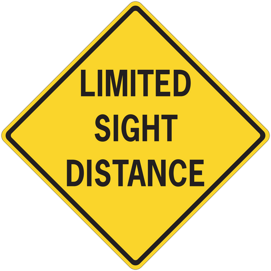 Road sign sticker: yellow diamond with black border, text “LIMITED SIGHT DISTANCE”
