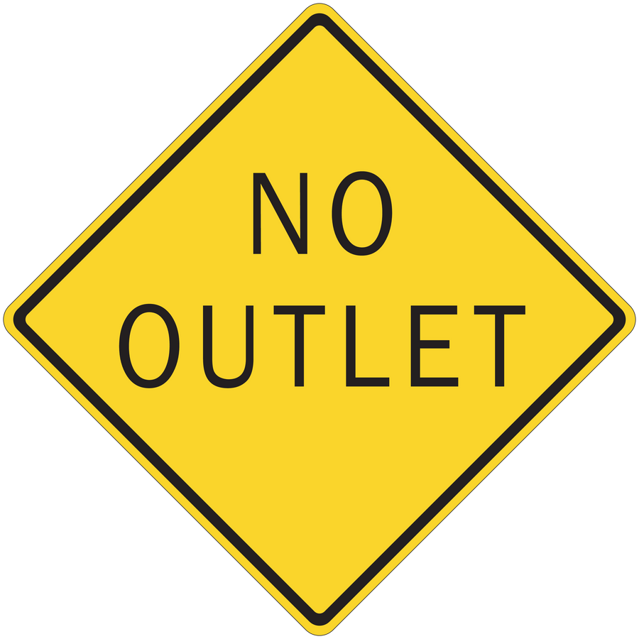 Yellow diamond road sign sticker with 'NO OUTLET' text