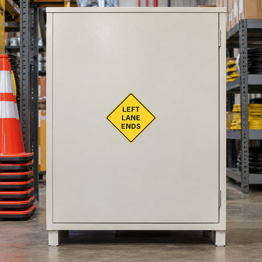 Road sign sticker with yellow diamond reading LEFT LANE ENDS on white square