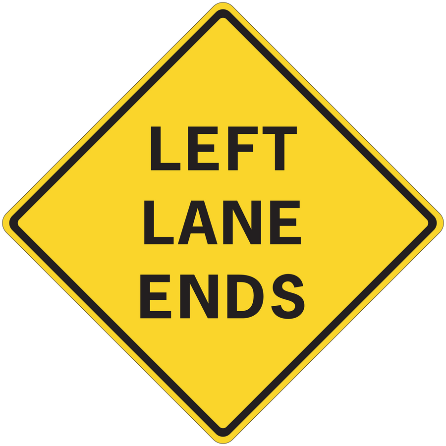 Yellow road lane sign sticker reading "LEFT LANE ENDS" with black border