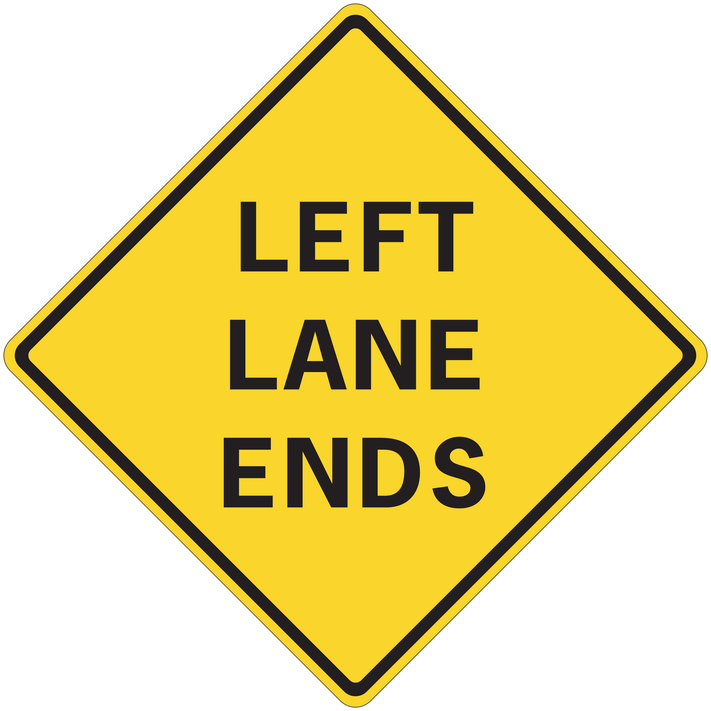 Yellow road lane sign sticker reading "LEFT LANE ENDS" with black border