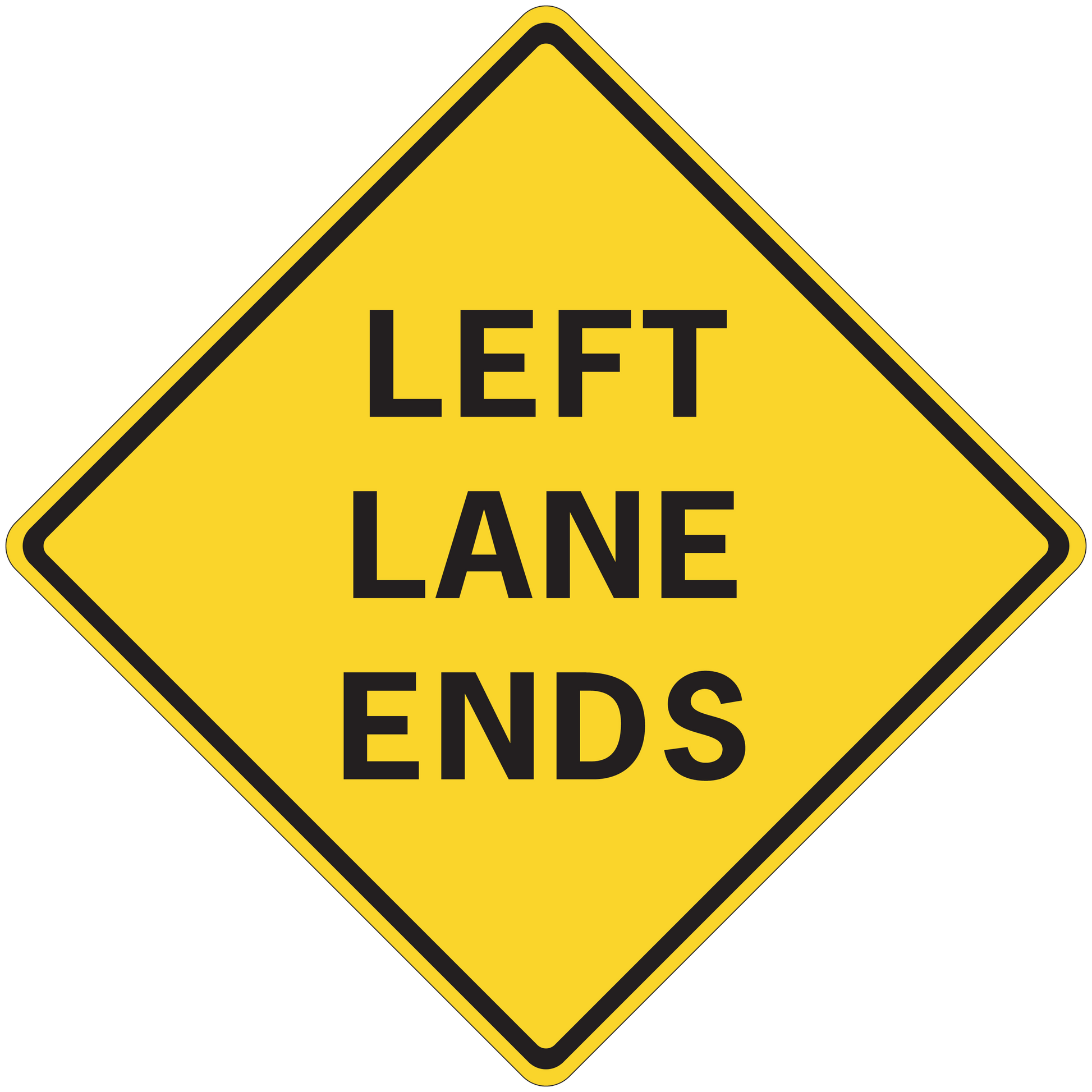 Yellow road lane sign sticker reading "LEFT LANE ENDS" with black border
