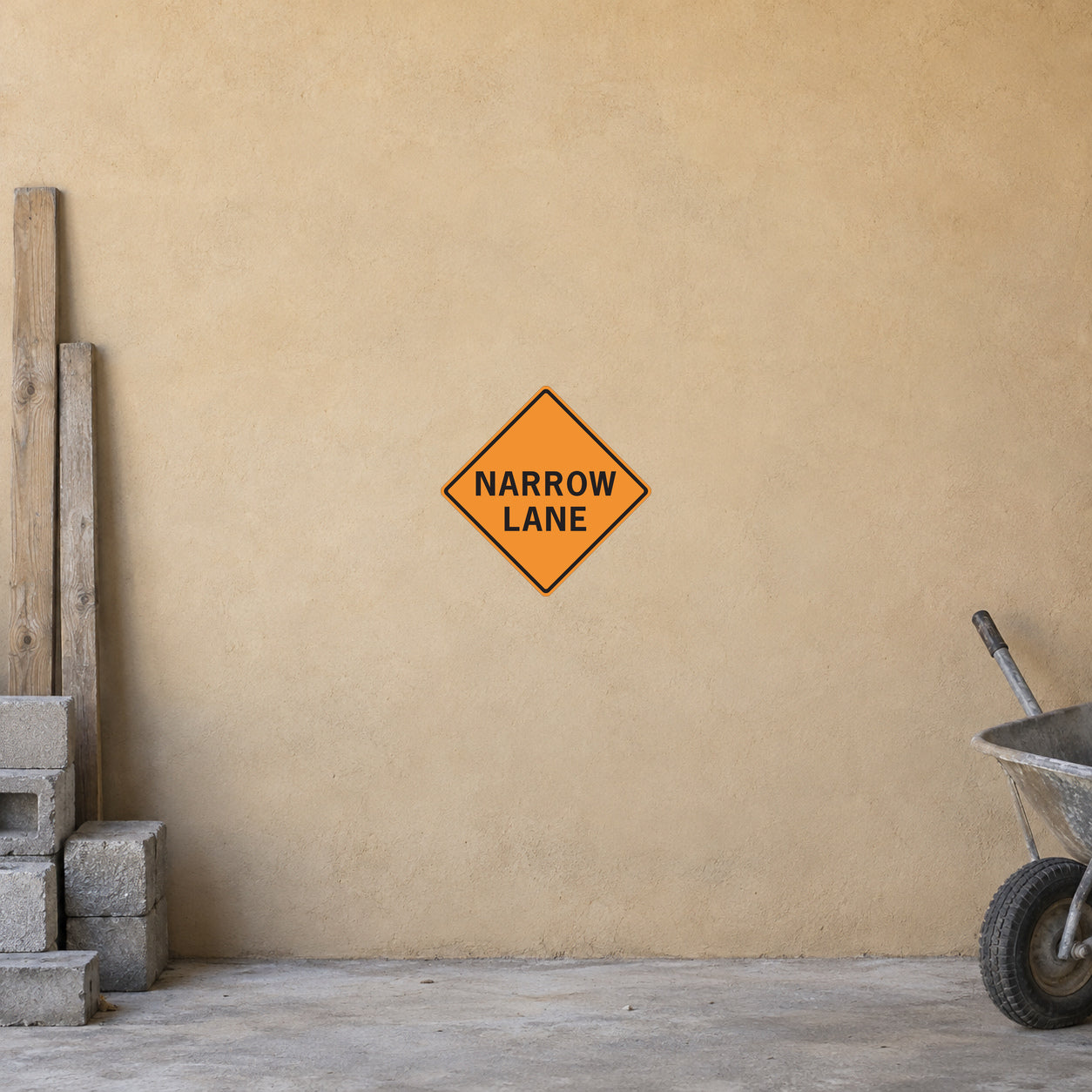 Road sign sticker with orange diamond warning graphic reading "NARROW LANE"