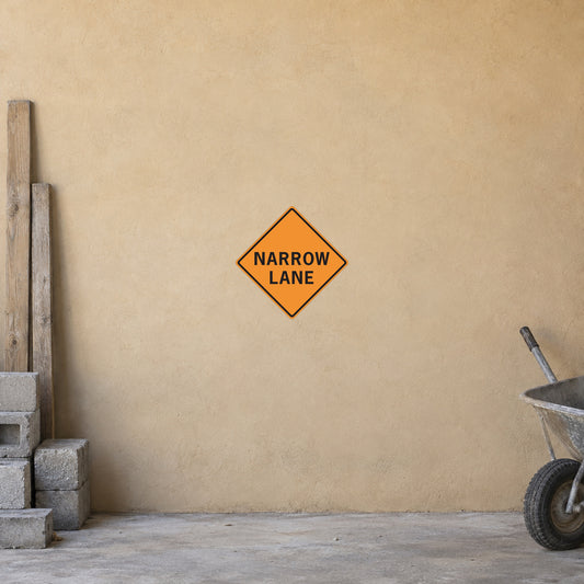 Road sign sticker with orange diamond warning graphic reading "NARROW LANE"