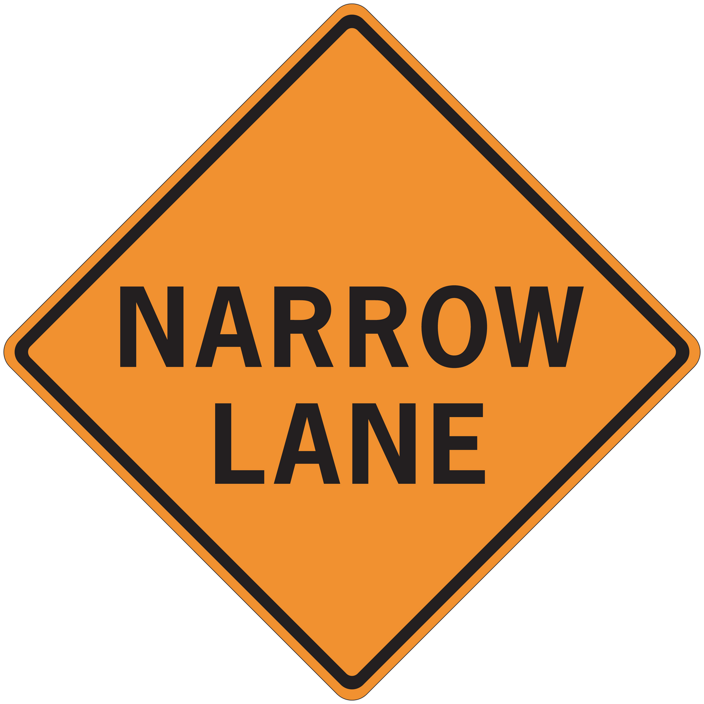 Road sign sticker: orange diamond with black border, 'NARROW LANE' text