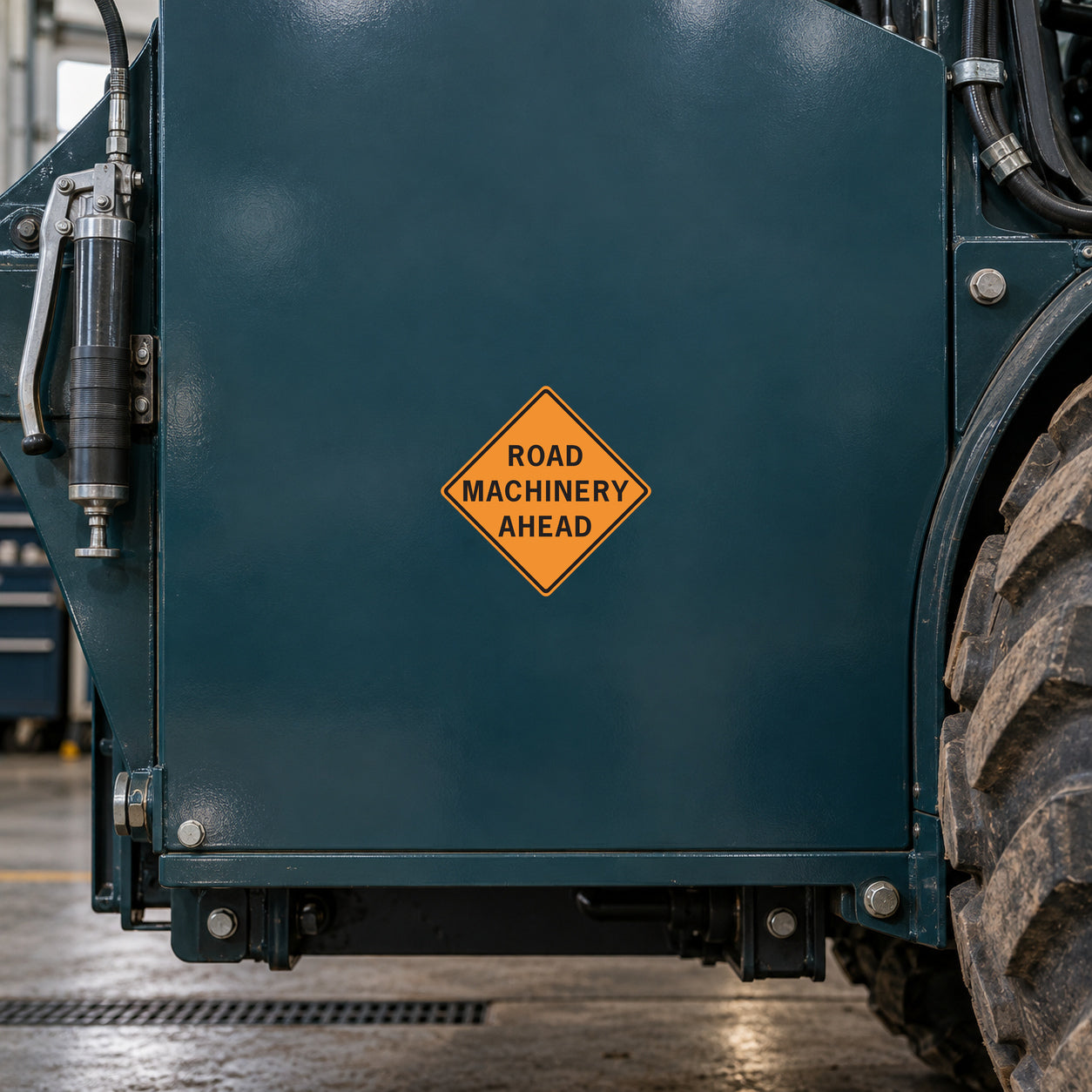 Road Sign Sticker applied in A heavy equipment maintenance bay, smooth dark teal steel service panel, grease gun at extreme left and rugged wheel far right