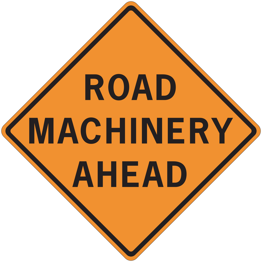 Road sign sticker with orange diamond border and text: ROAD MACHINERY AHEAD