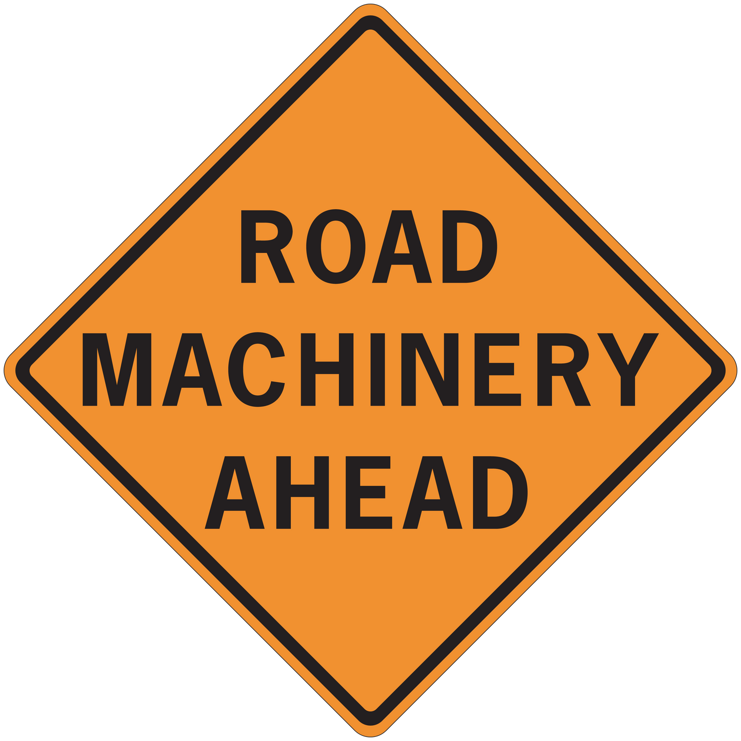Road sign sticker with orange diamond border and text: ROAD MACHINERY AHEAD