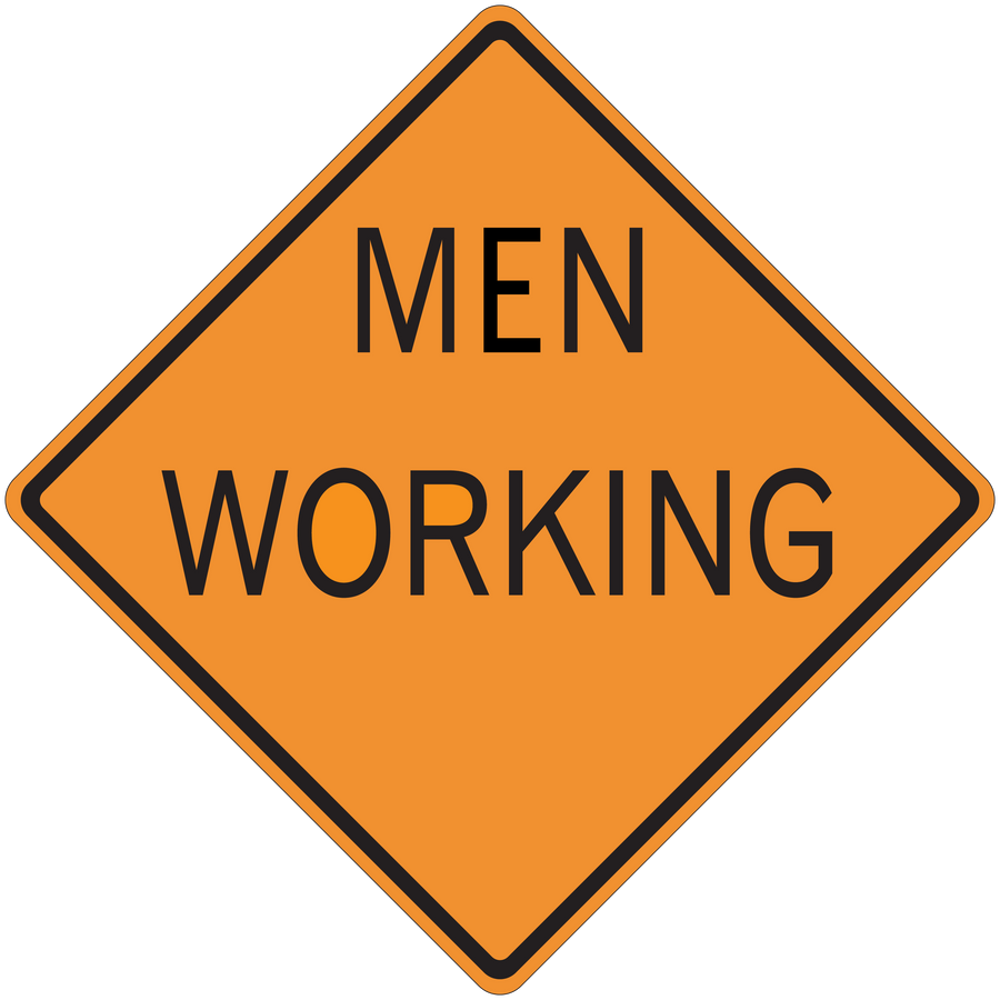 Orange road sign sticker, diamond shape with black border and text 'MEN WORKING'.