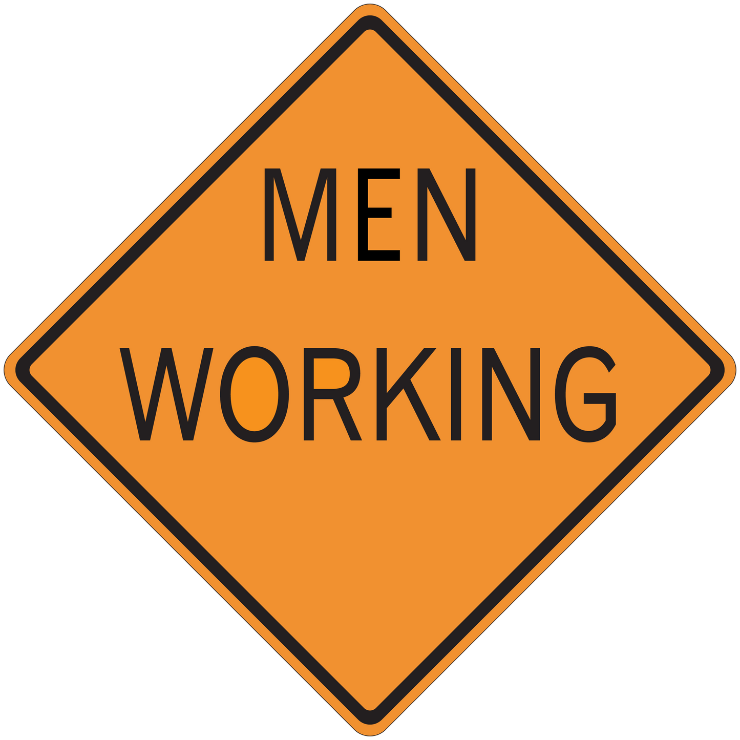 Orange road sign sticker, diamond shape with black border and text 'MEN WORKING'.